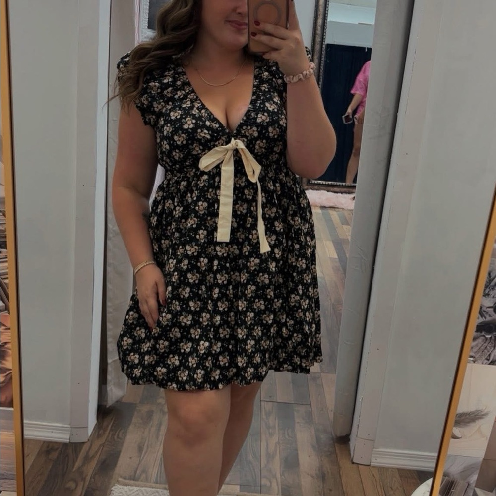 Floral Black Dress with Cream Bow